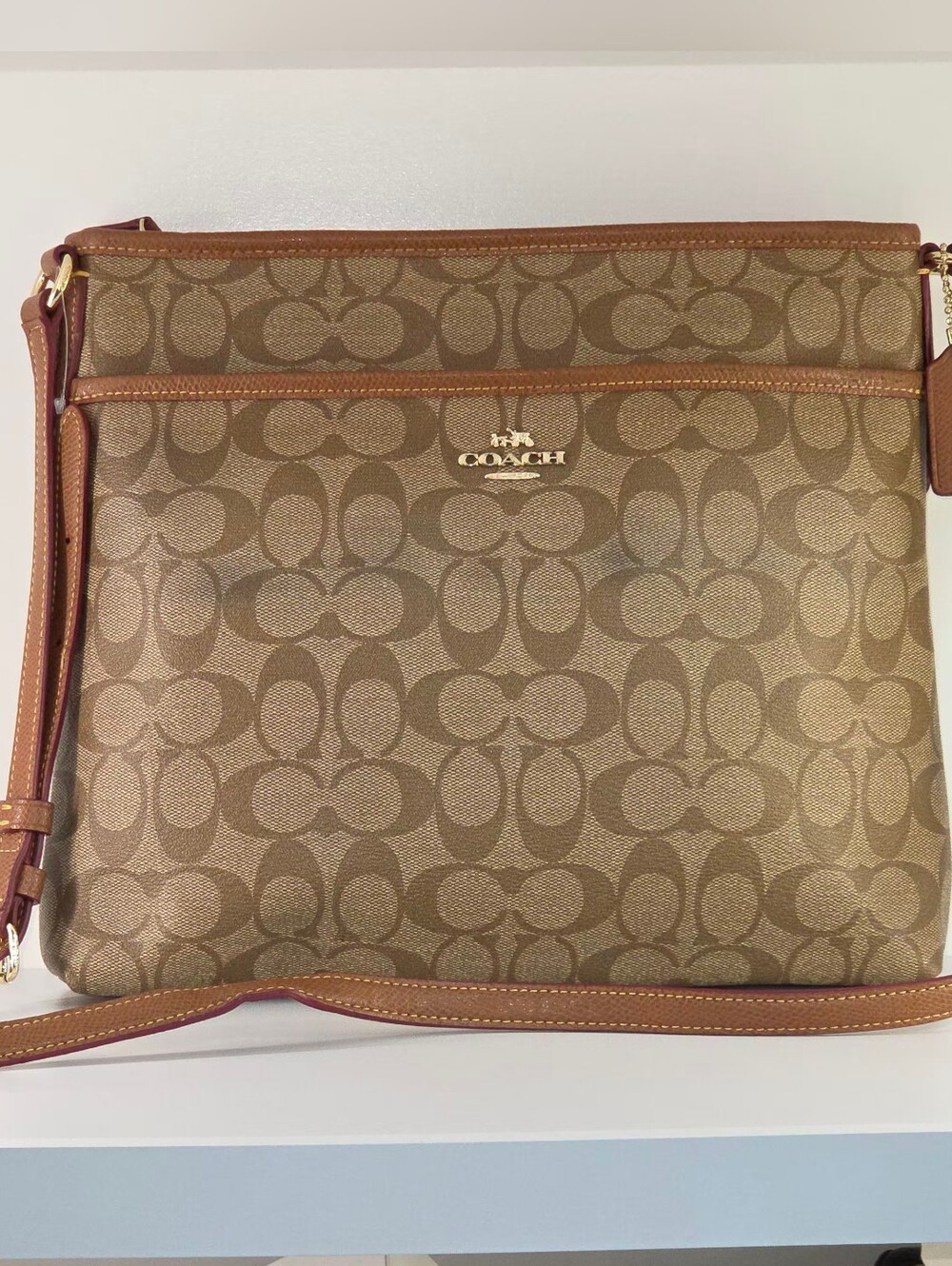 Coach Signature Crossbody Bag in Brown & Beige W/leather Trim & Gold Hardware